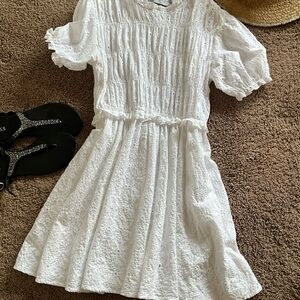 White Cotton Eyelet Smocked Babydoll Prairie Dress M